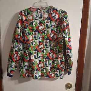 Vintage Comfy Cotton Christmas Scrub Snap Top L AOP‎ Santa Cute!!! EUC